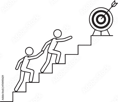 Two Figures Climbing Stairs Towards Target Keywords: teamwork, cooperation, success, goal