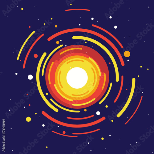 Vibrant flat design illustration of a cosmic event, showing a swirling star or supernova with orbital rings representing universal energy and gravity