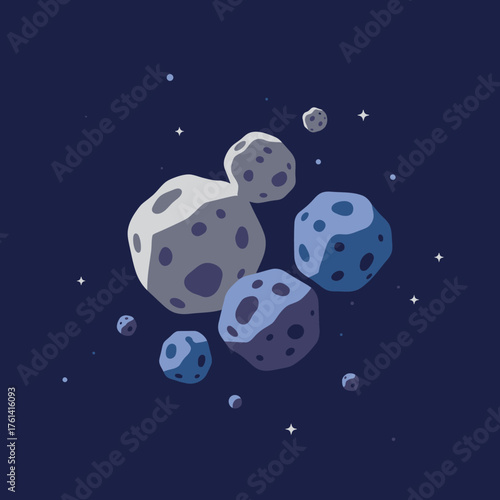 A collection of stylized cartoon asteroids and meteoroids with craters drifting in a cluster through the dark expanse of deep space
