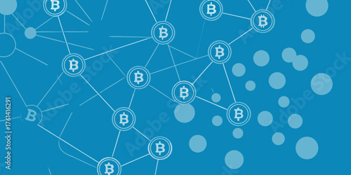 Abstract digital network of interconnected bitcoin cryptocurrency symbols on a blue background