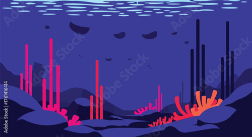 Underwater scene illustration with coral reef and sunlight rays