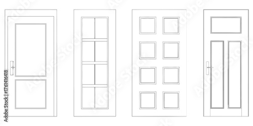 Collection of four different styles of interior and exterior doors shown as line drawings with handles