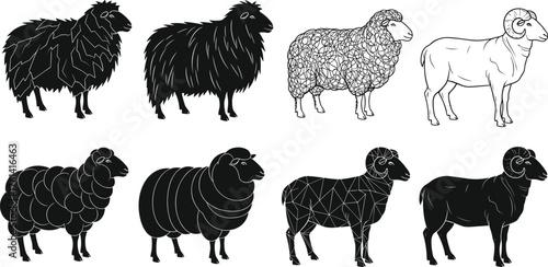 Sheep silhouettes and line art variations, geometric and textured designs, farm animal illustration, wool livestock graphic, minimal vector, cad drawing flat vector illustration