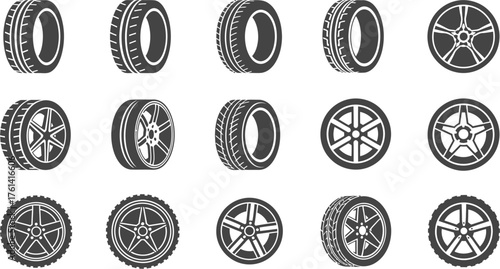 Collection of various car tires and wheels in black and white art