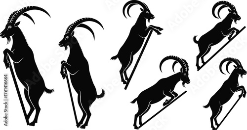 Mountain goat climbing silhouette collection, wild goat standing on cliff vector, alpine ibex horned animal poses, wildlife hiking nature art, CAD drawing flat vector illustration