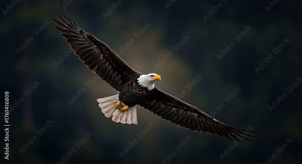 Obraz premium Majestic Bald Eagle Soaring Through the Forest Canopy.