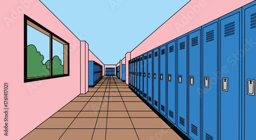 School hallway illustration with lockers and pink walls design