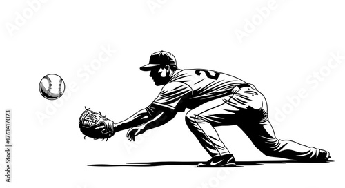 Baseball Player Catching Ball Vector, Fielder Action Silhouette Illustration, Sport Defense Movement