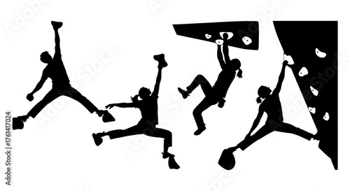 Female Rock Climbing Silhouettes Set, Dynamic Bouldering Poses Vector, Wall Climbing Action Figures