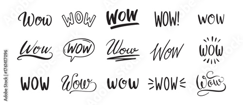 word WOW hand drawn lettering phrase or quote set. wow modern freehand style isolated on white background for print clipart.
