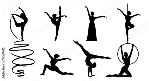 Rhythmic Gymnastics and Acrobatics Silhouettes, Female Dancer Flexible Poses Vector Set, Aerial and Artistic Performance Figures