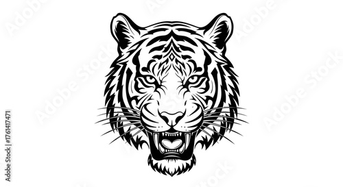 Roaring Tiger Head Vector Illustration, Black and White Feline Mascot Design, Fierce Tiger Tattoo Style Art