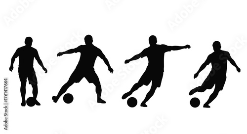 Soccer Dribbling and Kicking Technique Silhouettes, Football Player Training Poses Vector, Dribble and Follow-through Movement Illustration