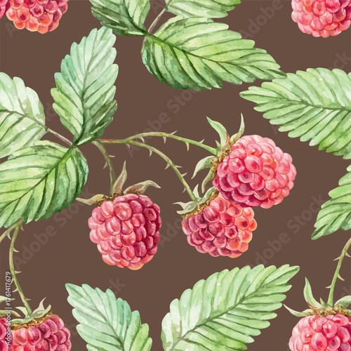 Raspberry seamless pattern. Ripe berries and green leaves on a dark background. Hand drawn watercolor illustration for juice, jam and marmalade labels. Suitable for wrapping paper and textiles.