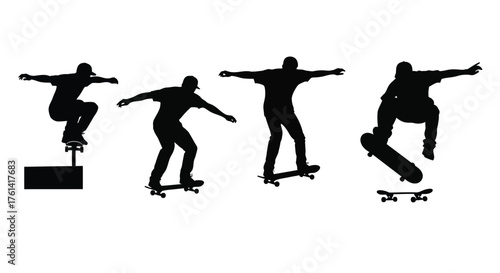 Skateboarder Tricks and Poses Silhouettes, Skateboarding Action Vector Set, Tail Stall, Cruising, and Flip Trick Figures