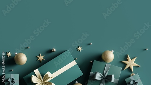 Christmas decorations with gift box on green background. 3d rendering