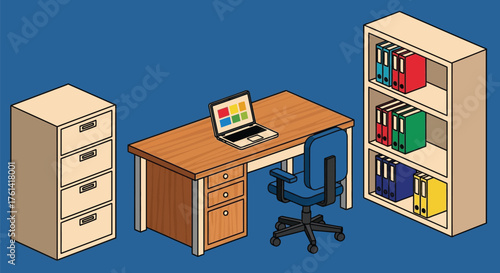 Isometric office setup with desk chair filing cabinet and laptop