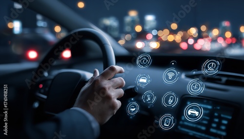 Professional driver navigating city night traffic with futuristic holographic car interface and smart technology icons glowing