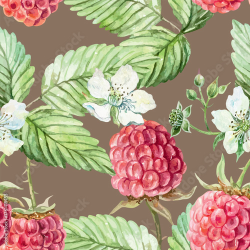 Raspberry seamless pattern. Ripe berries, green leaves and white flowers. Hand drawn watercolor illustration for juice, jam and marmalade labels. Suitable for wrapping paper and textiles.