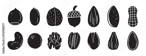 nuts silhouettes set. doodle hand drawn nuts design. black color