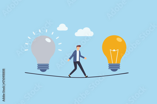 Man walking on tightrope between two light bulbs representing ideas and innovation