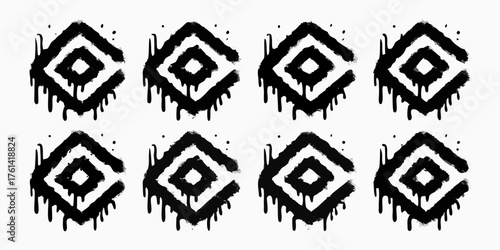 Eight black spray painted diamond shapes with dripping paint effect on white background