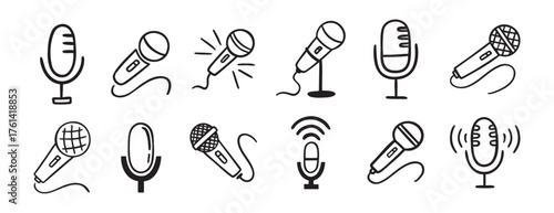 microphone icon doodle hand drawn set. Outline drawing microphone line clipart symbol collection