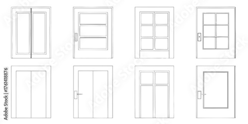 Collection of eight different exterior and interior door designs and styles in a clean line art drawing