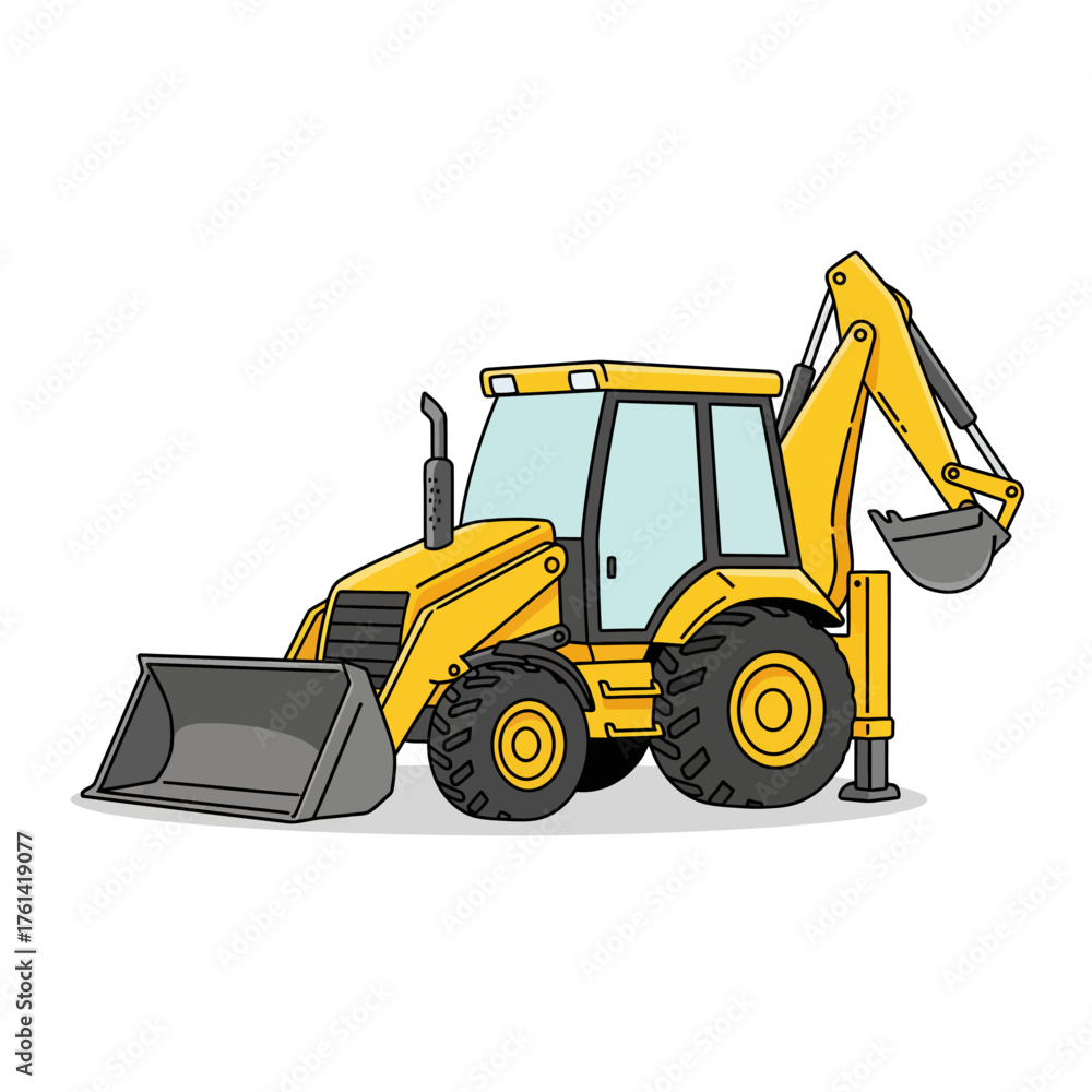 Naklejka premium Cartoon illustration of a yellow backhoe loader with front bucket and rear excavator arm on a white background.
