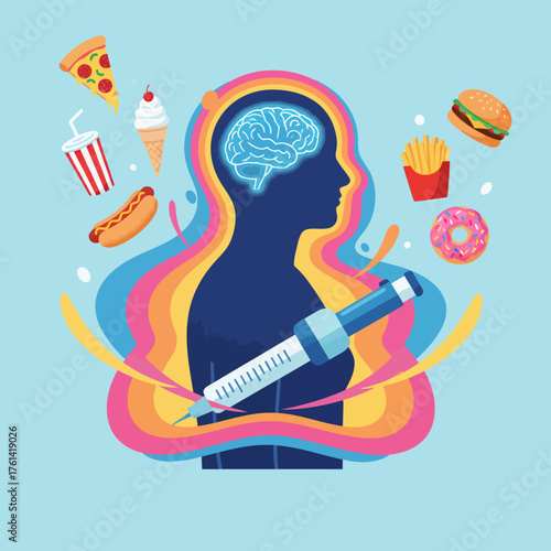 Illustration depicting a person's brain with food items and a syringe, representing addiction and cravings.