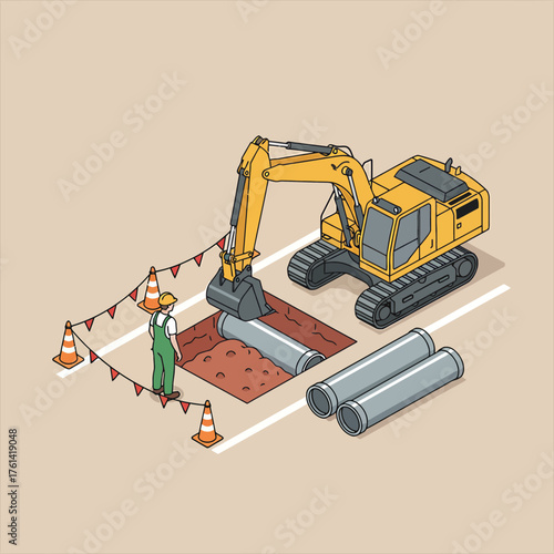 Construction worker and excavator installing large pipes in a dug trench with safety cones and flags.