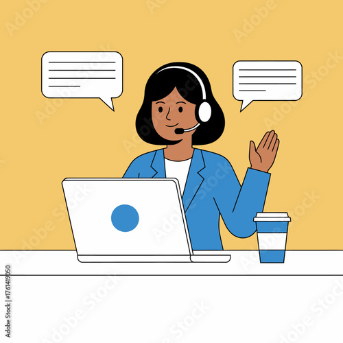 An illustration of a friendly customer service representative wearing a headset, sitting at a desk with a laptop and coffee, engaging in online communication.