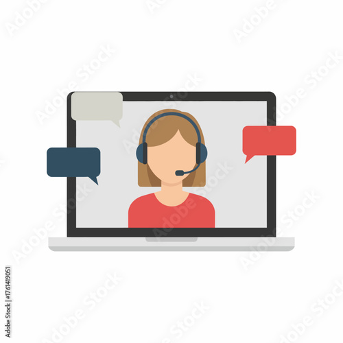 Illustration of a person with a headset on a laptop screen, with speech bubbles around.