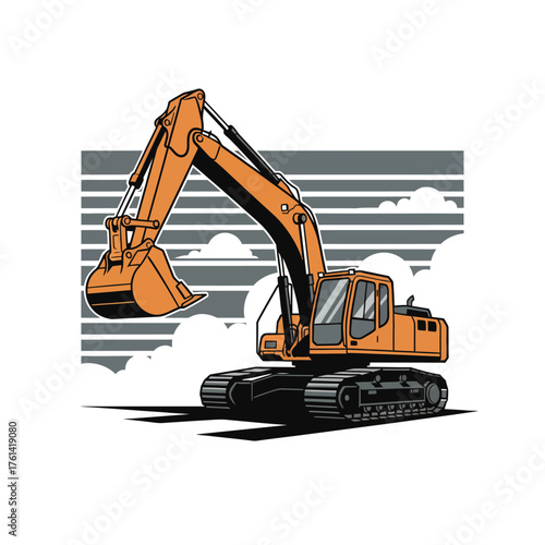 An orange excavator with a raised arm and bucket, set against a backdrop of clouds and horizontal lines.