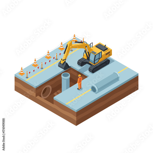 Isometric view of a construction site with an excavator and worker installing pipes in a trench.