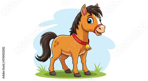 Cheerful cartoon horse with a bell collar standing on green grass with a dreamy blue sky background ready to charm kids and families everywhere