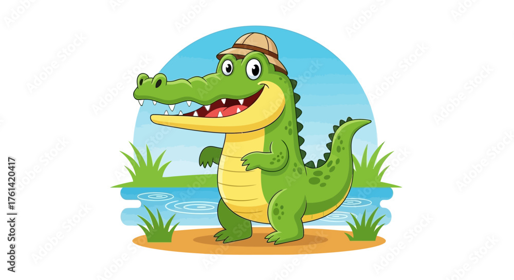 Fototapeta premium Delightful cartoon alligator with a safari hat, perfect for children's books or educational materials, evoking fun and adventure in the wild