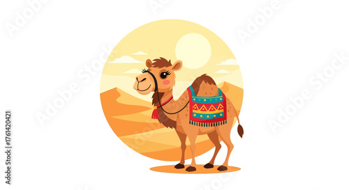 Adorable cartoon camel with decorative saddle standing proudly in the desert with a golden sun, perfect for children's books and educational materials