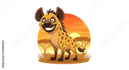 Adorable cartoon hyena smiling in vibrant African savanna sunset scene, perfect for children's books and educational wildlife materials