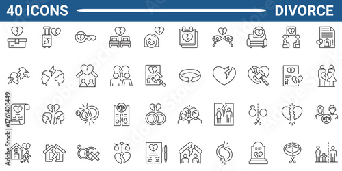 Set of outline icons related to divorce. Linear icon collection. Editable stroke. Vector illustration