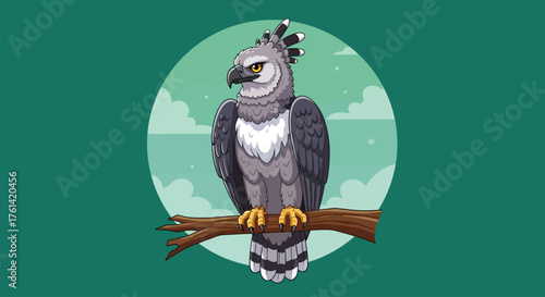 Stunning harpy eagle perched on a branch is a majestic and powerful symbol of nature's beauty in this eye catching cartoon illustration