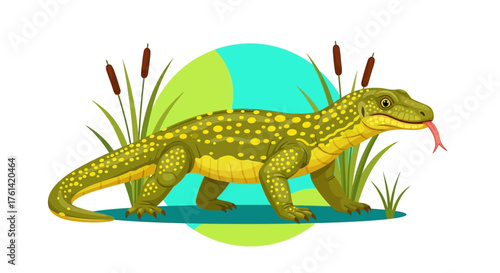 Adorable cartoon Komodo dragon with tongue out walking through the marsh near cattails makes a fun design for kids' learning materials