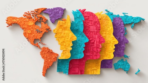 intercultural business communication design. World map combined with colorful human profile silhouettes in puzzle style