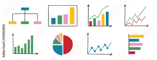 charts and graphs doodle hand drawn icon set. Different types of charts for business presentation. data and analytics diagram cartoon concept drawing
