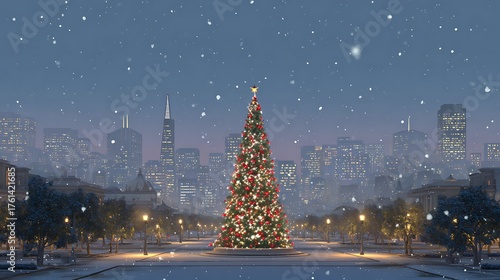 Fototapeta Naklejka Na Ścianę i Meble -  Decorated christmas tree in city park with snow falling at night time