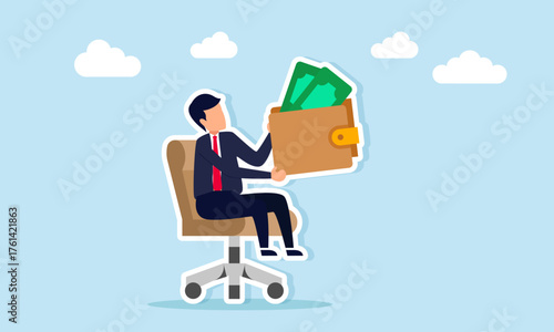 Businessman holding a wallet full of money sitting on an office chair illustration of emergency fund allocation for a business company