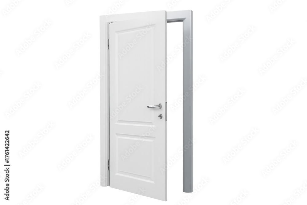 Naklejka premium White wooden door opening, showing new opportunities and future possibilities. Modern architectural element on transparent background