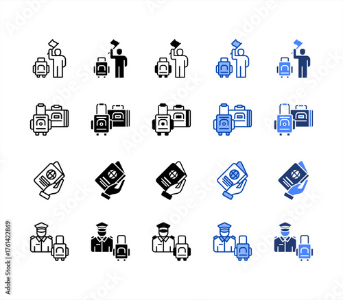 Immigrant, Luggage, Citizenship, Security multiple style icon set.