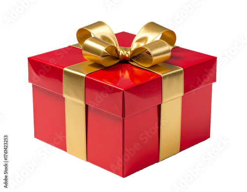 Red Gift Box with Golden Ribbon Isolated on White Background