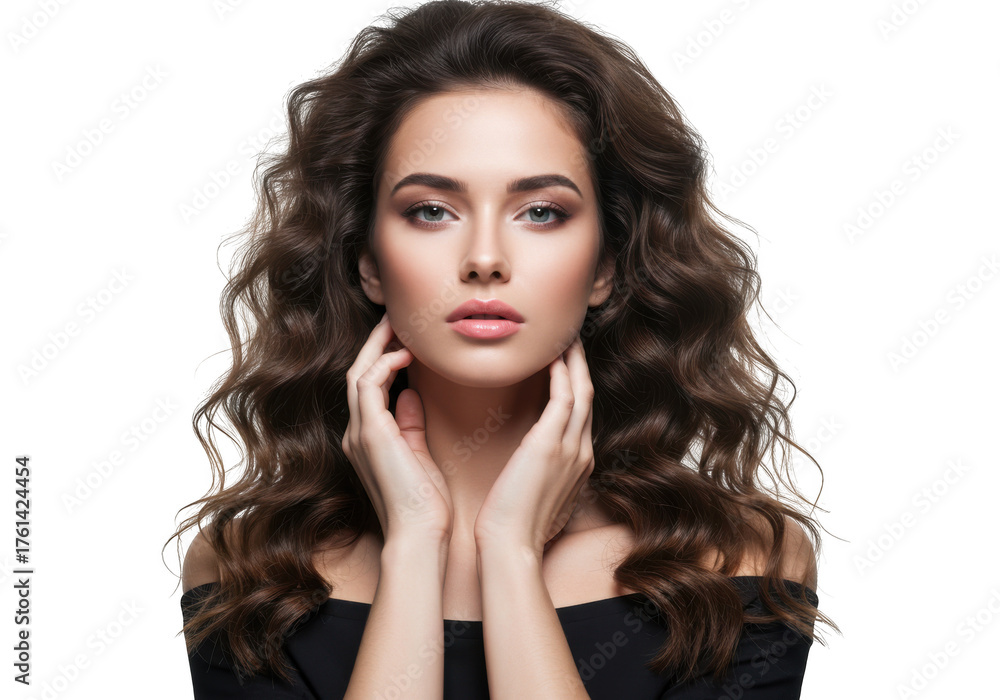 Naklejka premium Stunning woman with voluminous wavy hair and elegant poses captured in a studio portrait transparent background